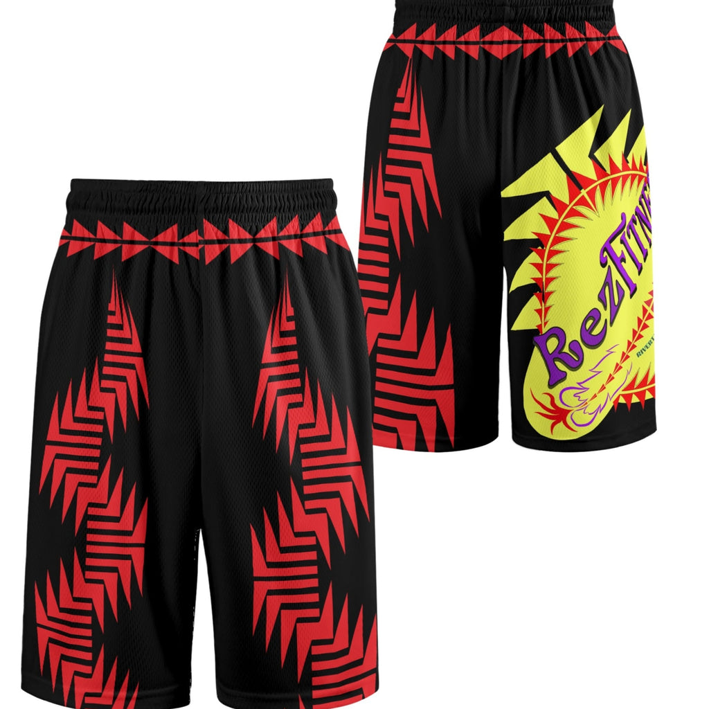 A pair of unisex shorts with a geometric pattern in red and yellow on a black background, featuring a drawstring waist and a logo on the right leg.
